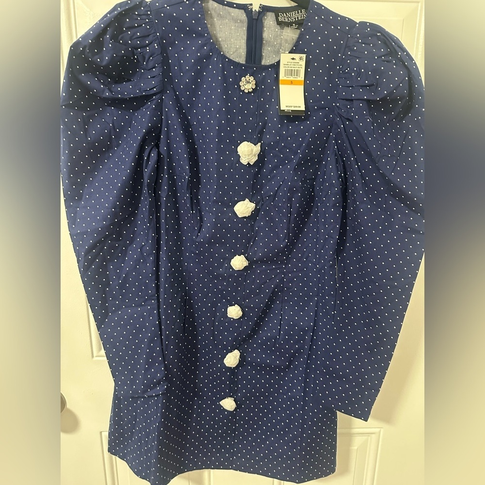 DANIELLE BERNSTEIN Navy Puff Sleeve Mini Dress Small NWT - Picture 7 of 11